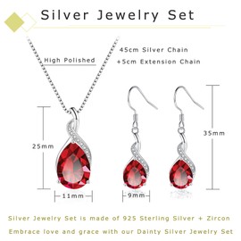 Loutade Women's Jewellery Sets, 925 Sterling Silver Necklace and Drop Earrings Sets with Red Teardrop Cubic Zircon, Silver Jewellery Set Women’s Gift for Birthday/Wedding/Mother's Day/Christmas