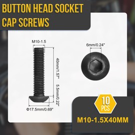 DTGN M10-1.5x40mm Button Head Socket Cap Screws - 10Pack - Good for Road Bicycle, Mountain Bike, Auto, Motorcycle - Carbon Steel Black Oxide - Hex Drive Fasteners