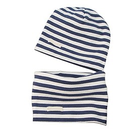 LACOFIA Baby Boys Beanie Hat and Collar Scarf Set Kids Super Soft Cotton Cap Infant Knit Hats and Bandana Scarves 2 Pack Navyblue Stripe 7 Months to 2 Year M