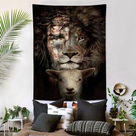 Christian Tapestry for Bedroom Lion and Lamb Decor Jesus Lion Tapestries Wall Hanging Home & Dorm Decor