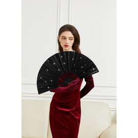 Huralona 4 Pack Large Folding Hand Clap Fan Fabric Rave Popping Glitter Fans Chinese Kung Fu Tai Chi Hand Fan Festival Dance Gift Performance Decorations (Glitter-Black)