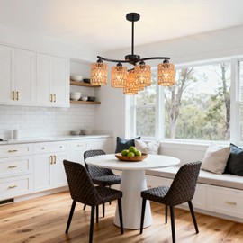 Povectolay Boho Hand Woven Chandelier, 6-Light Black Pendant Lights Kitchen Island Lighting, Rattan Lamp Shades, Rustic Dining Room Light Fixture for Living Room, Bedroom E26