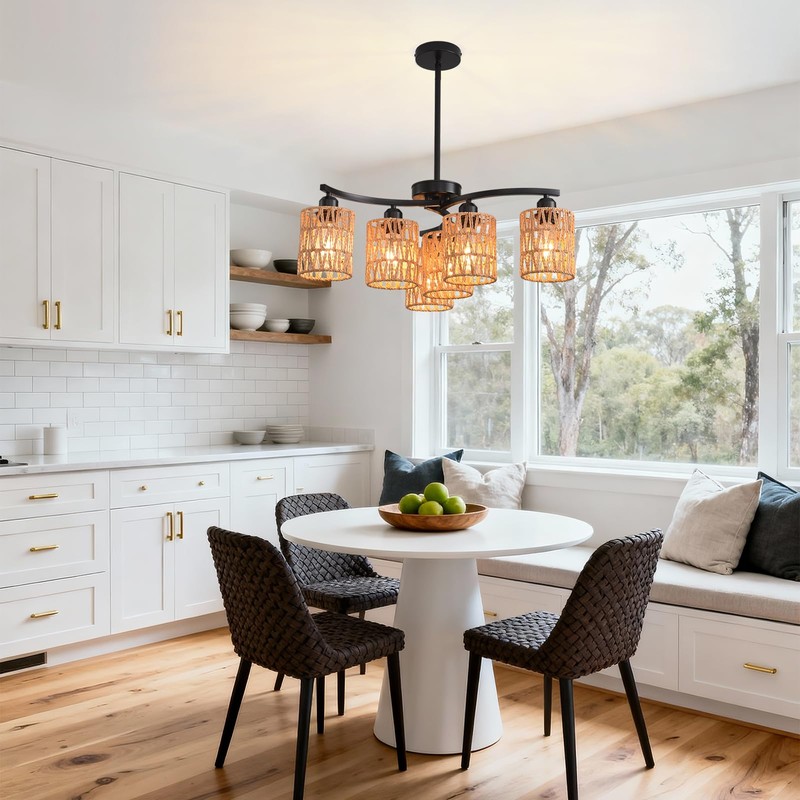 Povectolay Boho Hand Woven Chandelier, 6-Light Black Pendant Lights Kitchen