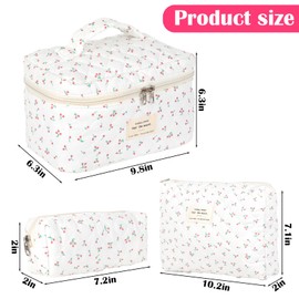 3-Piece Cosmetic Bag Women's Travel Toiletry Bag Set Women's Quilted Toiletry Bag with Floral Pattern, Make Up Bag Aesthetic Flowers Makeup Bag Cosmetic Bag for Girls Women, White Cherry