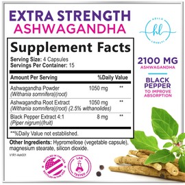 Ashwagandha Supplements 2100 mg - Extra Strength Ashwagandha Capsules for Women with Plant Powder & Root Extract, Black Pepper for High Absorption, Non-GMO, Bottled in the USA, 60 Vegetarian Capsules