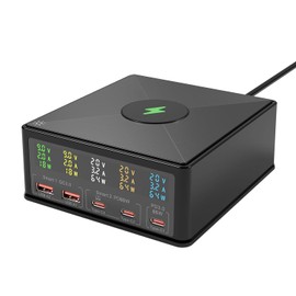 USB Charger, PD Rapid Charger, Total 180W (LCD Display, Simultaneous Charging of 2 Laptops, 65W Single Port, Wireless Charging), Supports PD 3.0, PPS, QC4+, 5 Ports, USB-C*3 & USB-A 2, Smartphone
