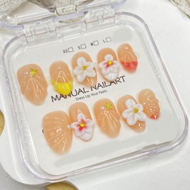 Rhinestones Press on Nails French Tip Handmade Press on Nails Short Almond Fake Nails with 3D Flower Fake Nails Full Cover Design False Nails Reusable Acrylic Nails for Women Art Manicure (Size M)