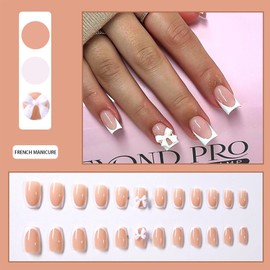 False Nails - Press On Nails - 24PCS French Fake Nails - Nail French Tip Stickers - Glossy Full Coverage, Includes Tool for Easy Nail Art - Perfect Nail Art for Women