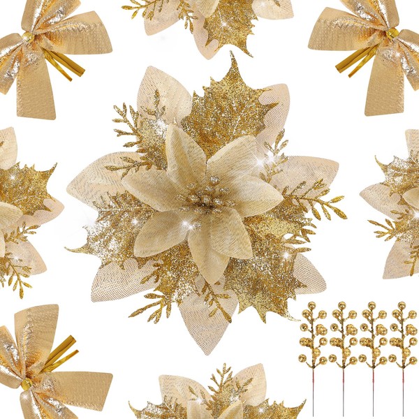 36Pcs Christmas Decorations Set Glitter Poinsettia with Clips Stems Berries