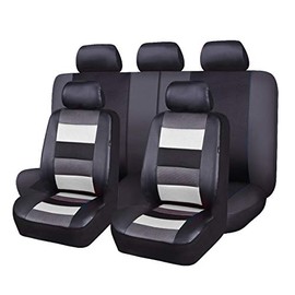 Flying Banner Car Seat Covers Full Set Front Seats and Rear Bench Black Leather and Red Fabric Mesh Cover Breathable Black with Grey and White Color (White)