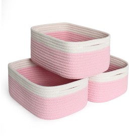 HONCESTA Pink Storage Baskets for Organizing, 3 Pack Woven Cotton Rope Storage Bins for Shelves, Small Cube Toy Box, Baby Nursery Closet Organizer, Baskets for Gifts Empty, 11.81"x7.87"x4.72", Pink
