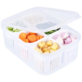 BELLE VOUS 6 Pcs Fridge Food Storage Containers with Lids - Airtight Refrigerator Food Fresh Box - Detachable Drain Basket Vegetables Sealed Keeper for Ginger, Garlic, Onion