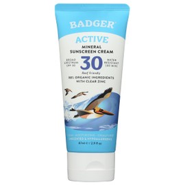 Badger Active Mineral Sunscreen Cream SPF30, Unscented, 2.9 Fluid Ounce (Pack of 1)