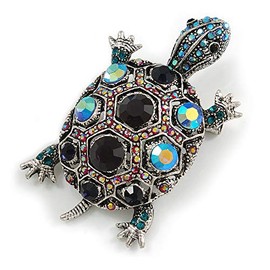 Vintage Inspired Blue/Pink Crystal Turtle Brooch/Pendant in Aged Silver Tone Metal - 60mm Long