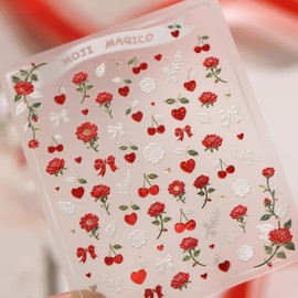 5D Embossed Rose Nail Stickers, Vintage French Cherry Bow Self-Adhesive