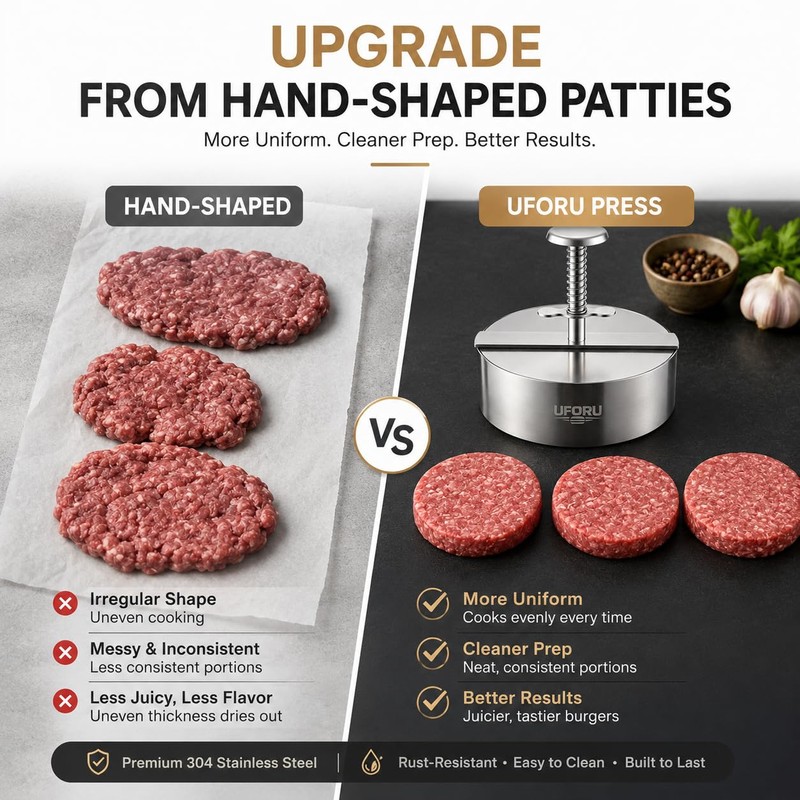 UFORU 4.5 Inch Burger Press,304 Stainless Steel Hamburger Patty Maker,Heavy