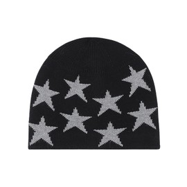 CORIRESHA Y2k Beanie Knitted Star Graphic Hat Grunge Emo Accessories for Women Men Black