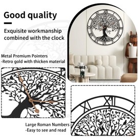 Dankeit Tree of Life Wall Clock, 24Inch Metal Black Family Tree Oversized Wall Clocks for Living Room Bedroom Home Decor, Modern Silent Mid-Century Battery Operated