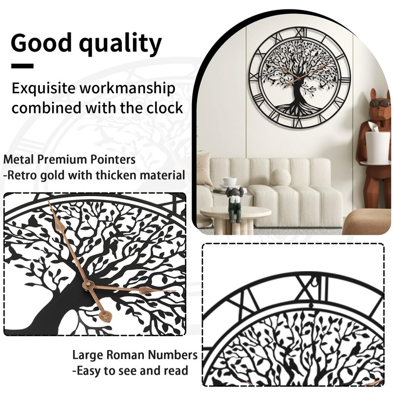 Dankeit Tree of Life Wall Clock, 24Inch Metal Black Family