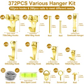 modacraft 372PCS Picture Hooks for Frames, Hanging Kit with Hangers, Nails, Wire, Mini Level Frames Mirrors Canvas, Heavy Duty Plasterboard Walls-75lbs (CF0086)