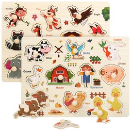 2 Set Wooden Puzzles for Kids 3-6 Year Olds, Chunky Child Puzzles Farm Animals Peg Puzzles, Educational Jigsaw Puzzles for Preschool?Classic?