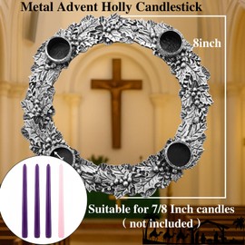 Shellwei Advent Wreath Candle Holder with Holly Berry Leaves Advent Metal Candleholder Ring Wreath Nativity Candle Holder for Xmas Centerpiece Decor Church (7/8inch Candles Not Included)
