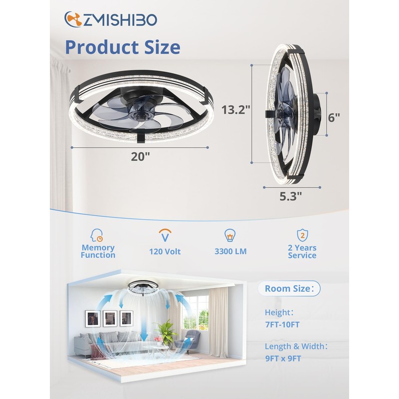 ZMISHIBO Low Profile Ceiling Fans with Lights, Flush Mount Modern