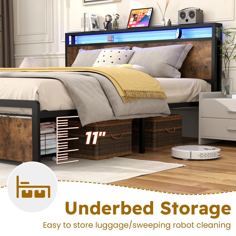 Kiivakii Queen Size Bed Frame, LED Storage Headboard with Charging