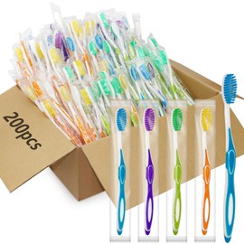 200 Pcs Disposable Toothbrushes Bulk Individually Wrapped Toothbrushes Colorful Travel Bulk for Hotel Travel Donation Homeless (4 Colors)
