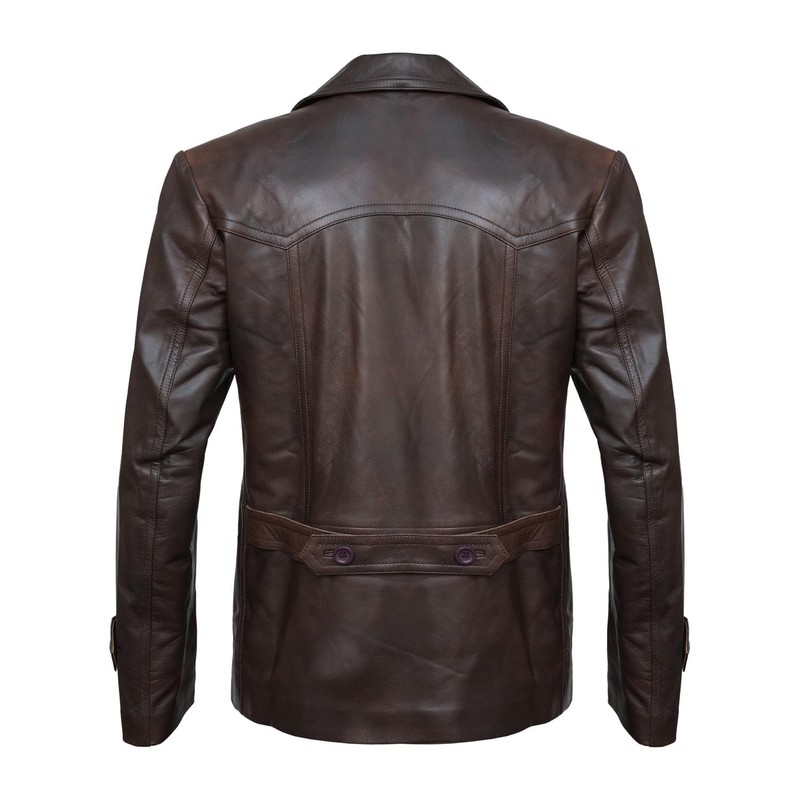 HIGOBO Men's Brown Leather Pea Coat Double Breasted Men Peacoat