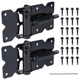 Self Closing Gate Hinges for Wood/Vinyl/PVC/Metal Fence Gate 90 Degree Hinge,Heavy Duty Hardware Kit with Self-Tapping Screws and Adjuster Swing Tool, 2 Pack, Black