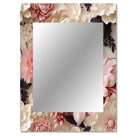 DesignQ Meadow of Pink and White Florals On A Hilltop Floral Wall Mirror, Printed Pink Wall Mirror, Traditional Bathroom Wall Mirror, Decorative Floral Mirror - 30x40 Inches