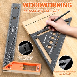 Preciva Carpenter Square Set - 7” Rafter Square and 12” Right Angle Ruler, Aluminum Alloy Carpenter Measuring Layout Tool for Woodworking and Carpentry