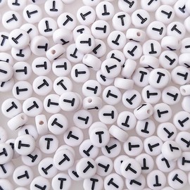 200+ Pieces 4x7mm Single T Letter Beads for Jewelry Making, White Round Acrylic Bulk Alphabet (Black on White)