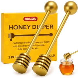 DUGATO Gold Honey Dipper Set (2 Pack, 6.3") - 304 Stainless Steel Honeycomb Sticks for Honey Pot Jar, Syrup Drizzler, Tea & Coffee Stirrer - Elegant Kitchen Utensil