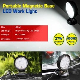 PICAA 1-Piece 4 Inch LED Work Light with Magnetic Base, Round 42 W LED Floodlight, Lightbar, Car, Offroad, 4 x 4 Truck, Tractor, 12 V, 24 V Additional Headlight