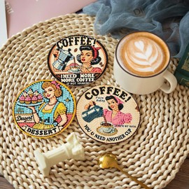 8Pcs Retro Housewife Diamond Art Coasters Kits, Vintage Coffee Diamond Painting Coasters with Holder Cork Pads, DIY Gem Art Coaster Kit for Home Decor