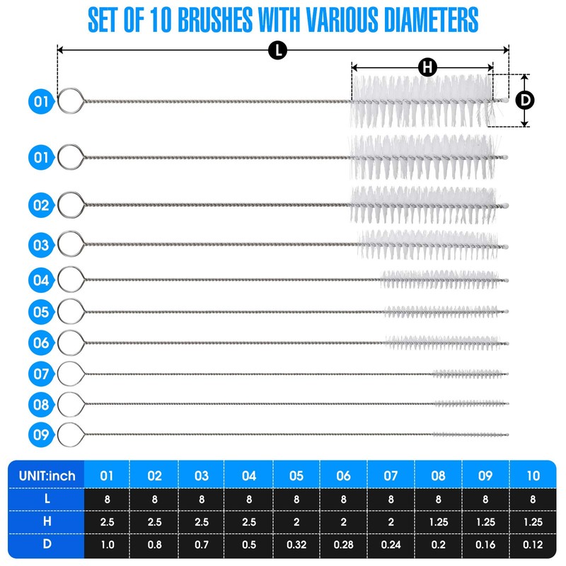 10 Pieces Bottle Cleaning Brushes for Tube Bottle Straws Narrow