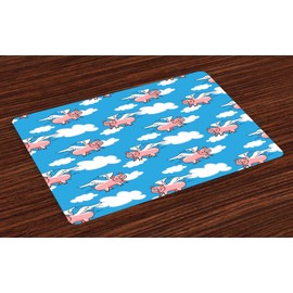 Lunarable Pig Place Mats Set of 4, Flying Pig Cartoon Style Characters with Wings The Saying Kid Clouds, Washable Fabric Placemats for Dining Room Kitchen Table Decor, Pink White