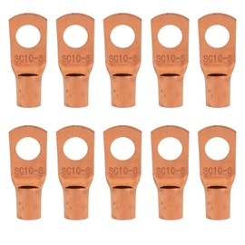The Wires Zone 8 Gauge AWG Uninsulated Pure Copper Lugs Ring Terminals Connectors 1/4" Inch Ring Size - 10 Pack