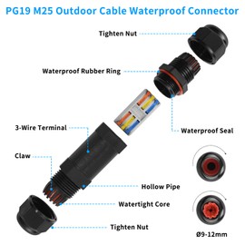 Cexovo IP68 Waterproof Cable Connector, Waterproof Cable Connector with 3-Pin Junction Box, Waterproof Connection Sleeve, Earth Cable Junction Box for Diameter 9-12 mm Cable Diameter (Pack of 5, Black