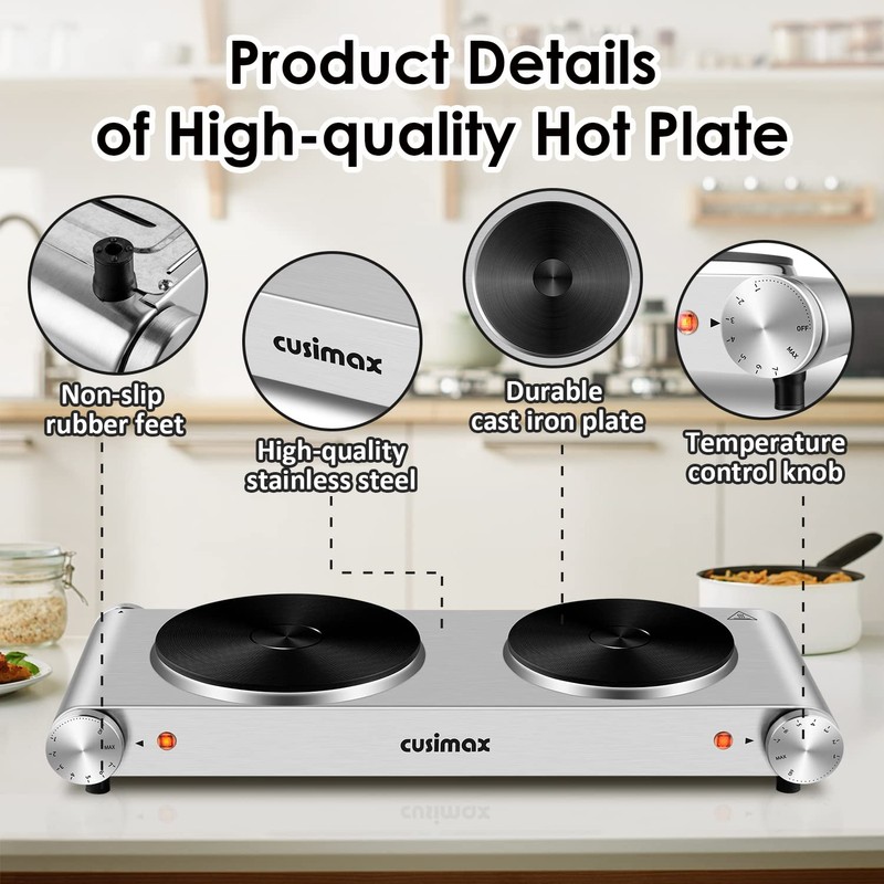 CUSIMAX Hot Plate, Electric Double Burner, 1800W Cast Iron Countertop