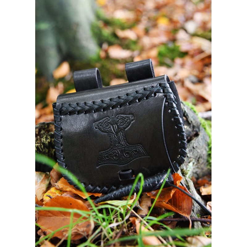 Battle-Merchant Small Medieval Belt Bag with Thor's Hammer Embossed Leather