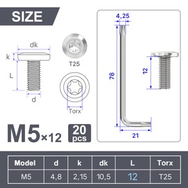 Wavanta 20 Pcs M5 Bolts, M5 x 12mm Flat Head Torx Bolts Screws, Furniture Screws, 304 Stainless Steel, Full Thread, with Torx Key