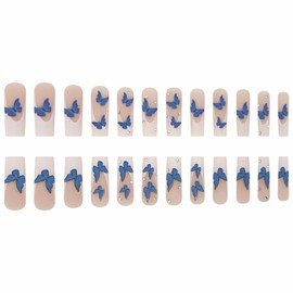 MISUD Press on Nails Long Square Fake Nails Matte Glue on Nails White French Tip Acrylic Nail Supplies Squoval Artificial Nail Art Butterfly Stick on False Nails with Rhinestone Design DIY 24 pcs