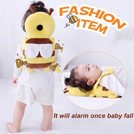 MINOCHI Baby Head Protector Backpack, Toddler Baby Head Protection Backpack with Baby Knee Pads Alarm Function for Walking & Crawling, Soft, Breathable and Wearing Safety Baby Head Protector - Yellow Bee