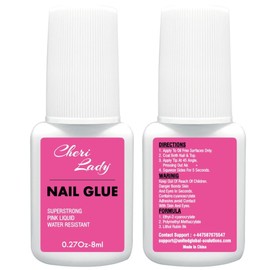 Super Strong Cheri Lady Nail Glue for Press On Nails, Acrylic Nails, Fake Nails, and Tips Nails Long Lasting (8ML) Brush On Tip Applicator. Non-Acid Formula with Pink Liquid Qucik Dry