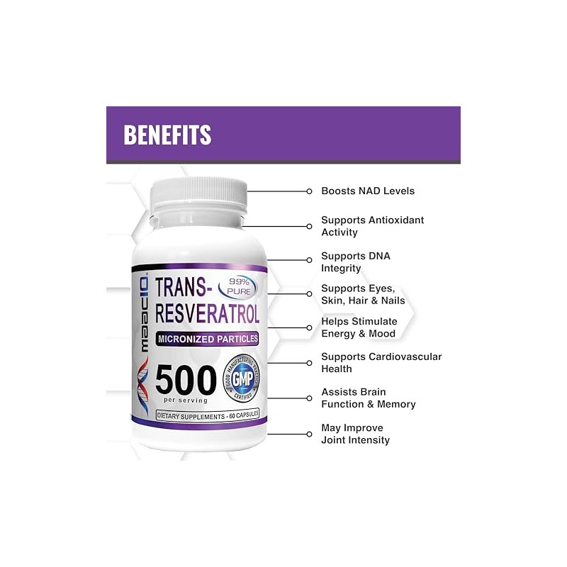 MAAC10 Formulas Trans-Resveratrol 500mg + BioPerine 5mg For Enhanced Bioavailability