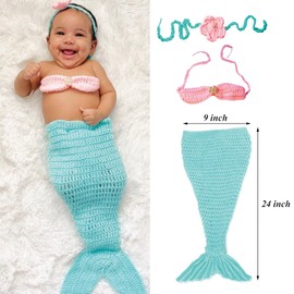 Xanewza 3 Pieces Newborn Photography Prop Mermaid Outfit Baby Photo Props Handmade Crochet Mermaid Tail Outfit Baby Mermaid Costume Set Headband Bra Tail