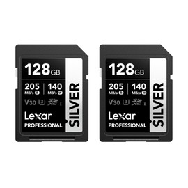 Lexar Professional SILVER SD Card 128GB 2-Pack, Up to 205MB/s Read, 140MB/s Write, SDXC UHS-I Memory Card, Class 10, U3, V30, SD Card for Professional Photographers, Videographers, Enthusiasts